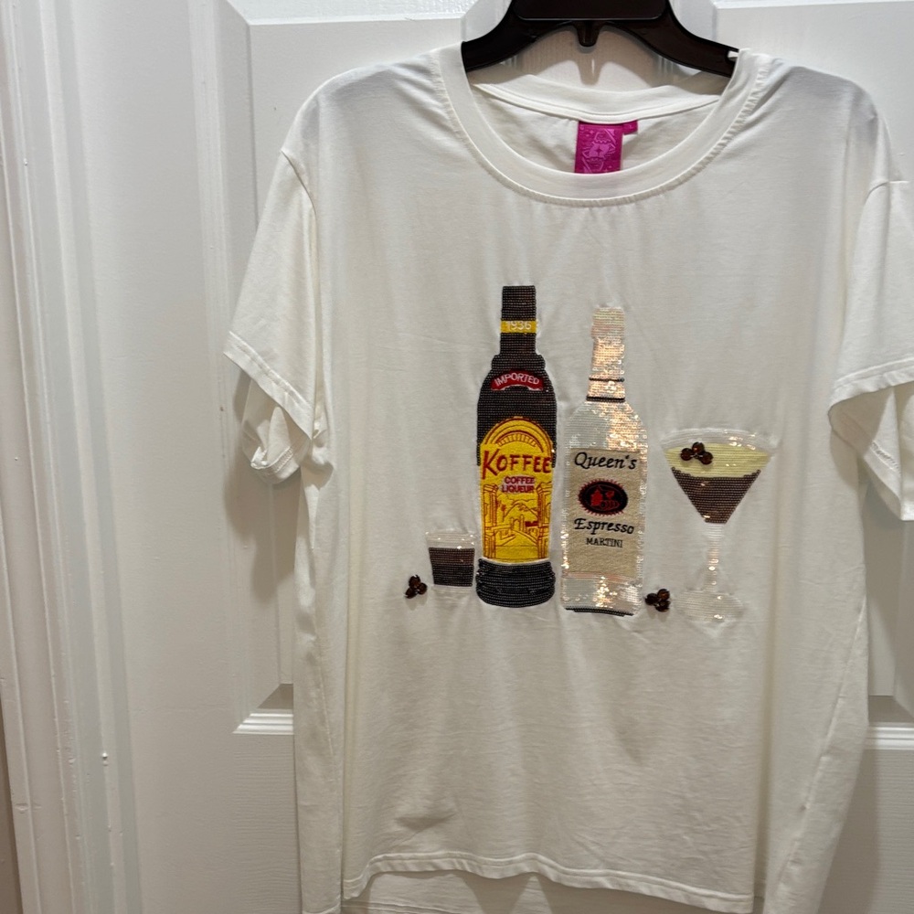 White Graphic T-Shirt with Coffee and Martini Design